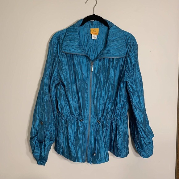Ruby Road Ruched Metallic Teal Jacket Lightweight Size 12 Womens Zip Front - Picture 1 of 9